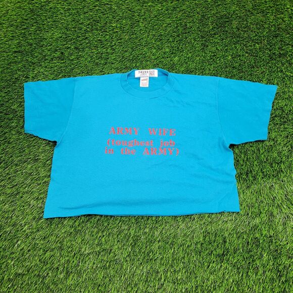 Vintage 80s Army Wife Cropped Shirt Womens XL 22x18 Blue - Picture 1 of 12
